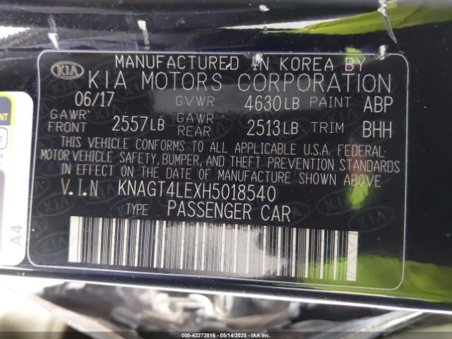 KNAGT4LEXH5018540 KIA OPTIMA HYBRID
