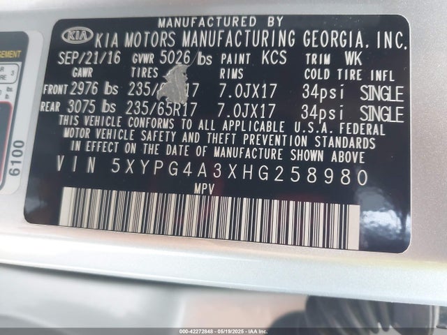 5XYPG4A3XHG258980 KIA Sorento 2.4l Lx