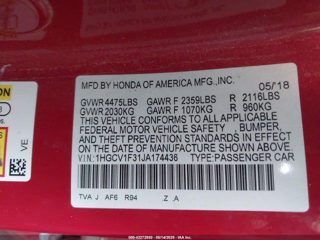 1HGCV1F31JA174436 Honda l15be