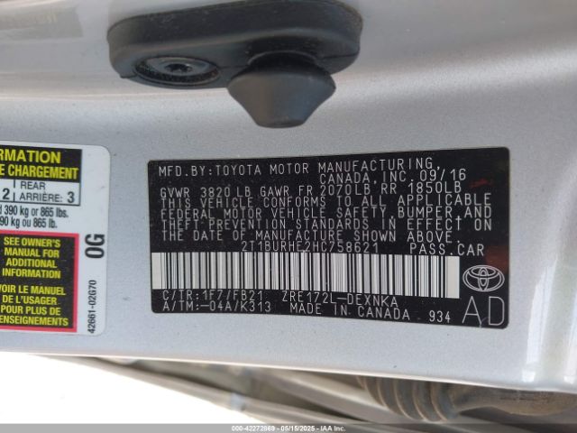 2T1BURHE2HC758621 Toyota COROLLA LE