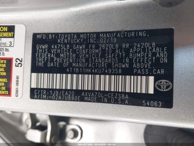 4T1B11HK4KU749358 Toyota CAMRY SE