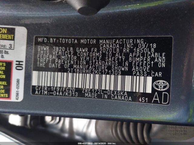 2019 TOYOTA COROLLA 2T1BURHE2KC171309 Photo 8