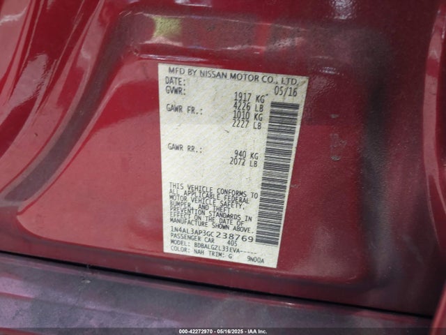 1N4AL3AP3GC238769 Nissan Altima 2.5/2.5 S/2.5 Sl/2.5 Sr/2.5 Sv