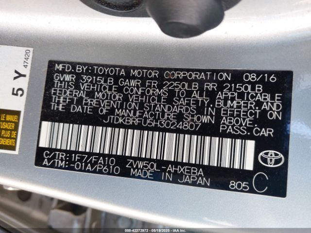 JTDKBRFU5H3024807 Toyota Prius Two