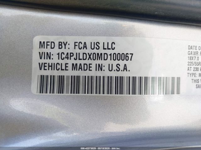 1C4PJLDX0MD100067 Jeep Cherokee Limited Fwd