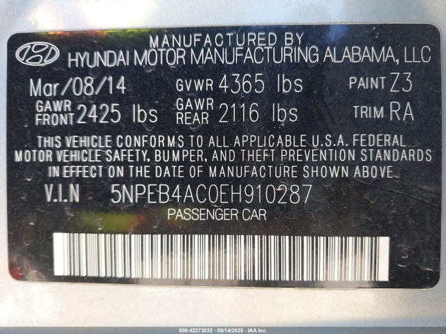 5NPEB4AC0EH910287 Hyundai SONATA GLS
