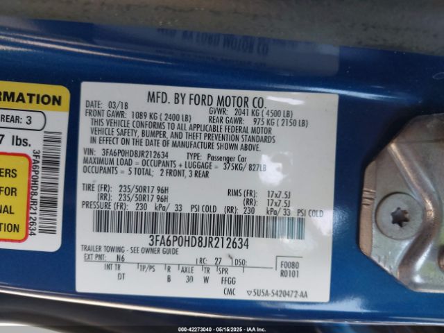 3FA6P0HD8JR212634 Ford FUSION SE