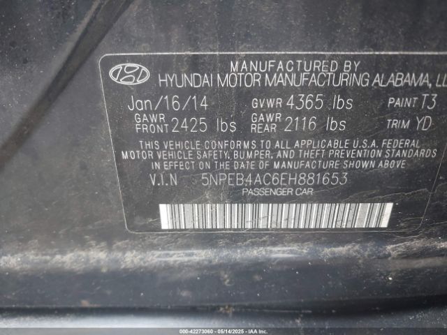 5NPEB4AC6EH881653 Hyundai SONATA GLS