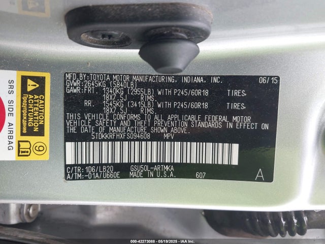 5TDKKRFHXFS094608 Toyota Highlander Xle V6
