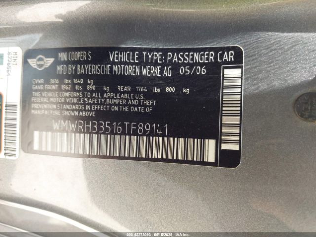 2006 MINI COOPER S WMWRH33516TF89141 Photo 8