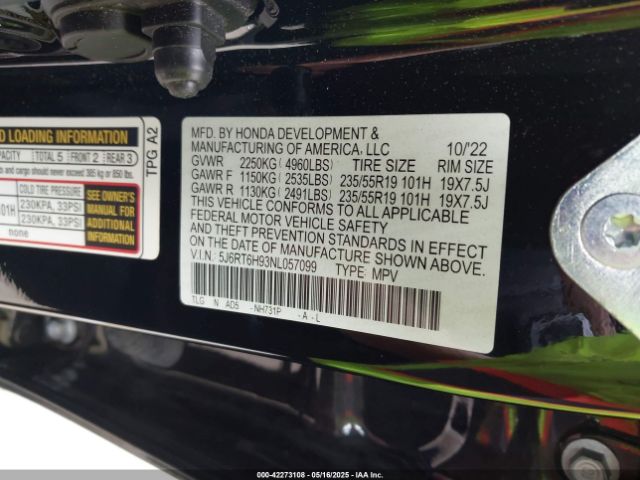 5J6RT6H93NL057099 Honda Cr-v Hybrid Touring