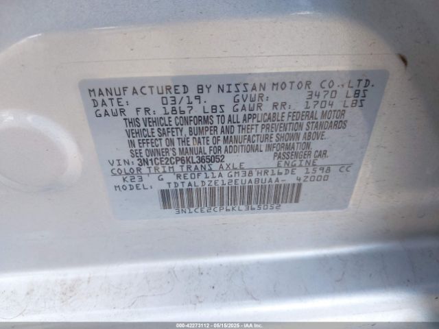 3N1CE2CP6KL365052 Nissan VERSA NOTE