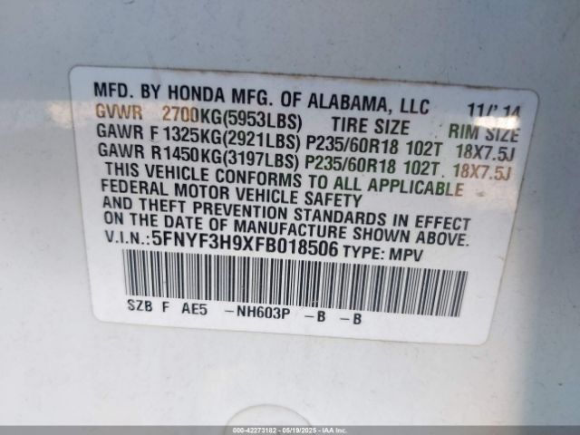 5FNYF3H9XFB018506 Honda Pilot Touring