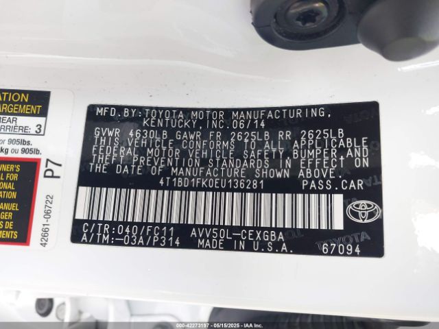 4T1BD1FK0EU136281 Toyota 2ar-fxe+2jm