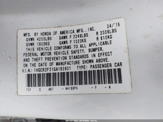 1HGCR2F31GA190901 Honda k24w1