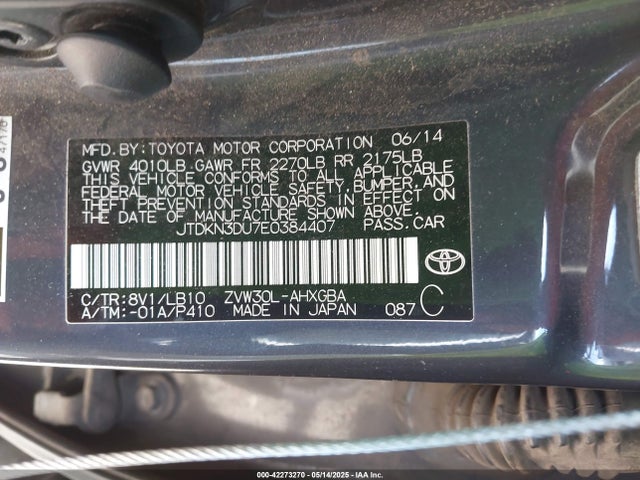 JTDKN3DU7E0384407 Toyota Prius Four