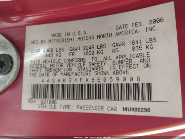 2006 MITSUBISHI ECLIPSE 4A3AK24FX6E059008 Photo 8
