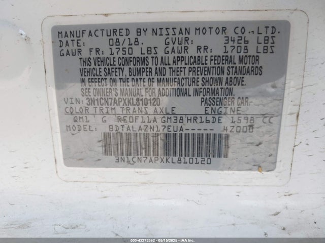 3N1CN7APXKL810120 Nissan Versa 1.6 S+