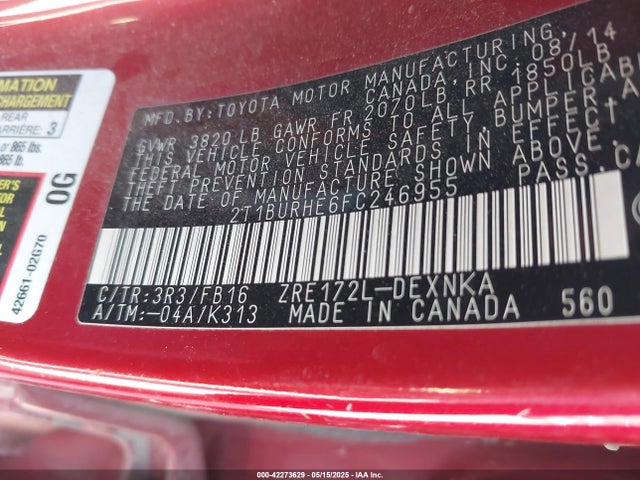 2T1BURHE6FC246955 Toyota COROLLA LE