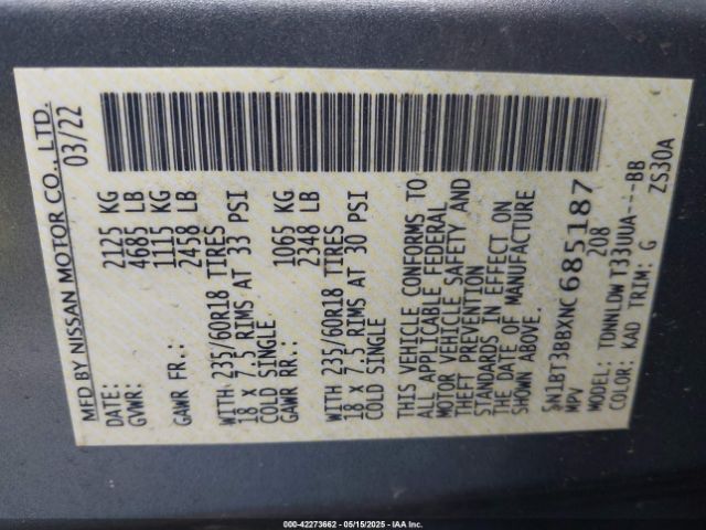 5N1BT3BBXNC685187 Nissan Rogue Sv Intelligent Awd