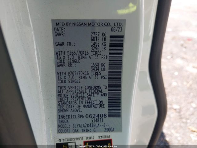 1N6ED1CL8PN662408 Nissan Frontier King Cab S 4x2