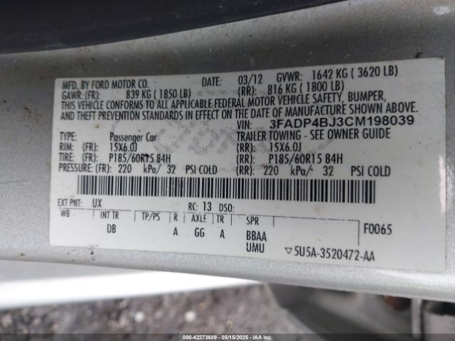 2012 FORD FIESTA 3FADP4BJ3CM198039 Photo 8
