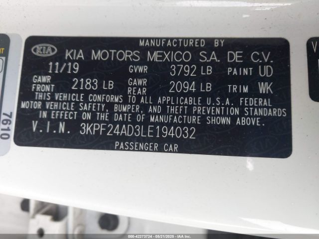 3KPF24AD3LE194032 KIA Forte Lxs