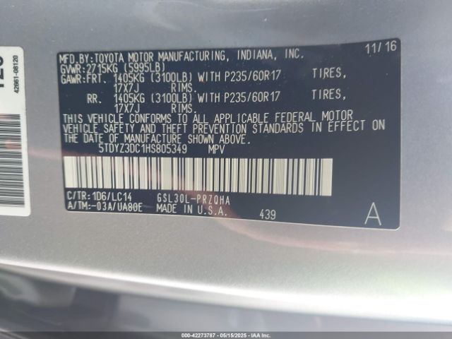 5TDYZ3DC1HS805349 Toyota Sienna Xle 8 Passenger