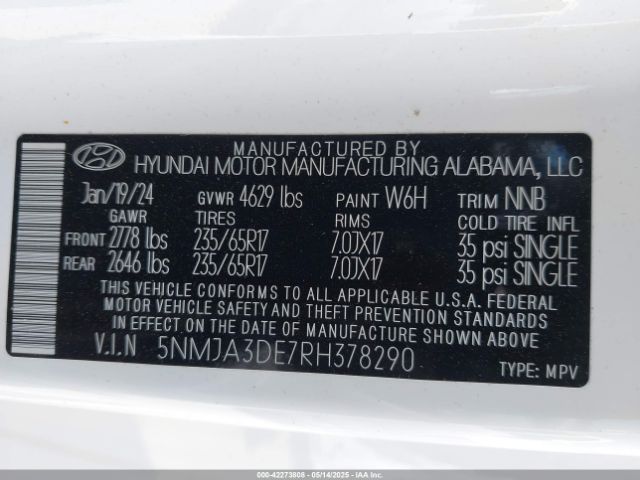 5NMJA3DE7RH378290 Hyundai gdi theta iii