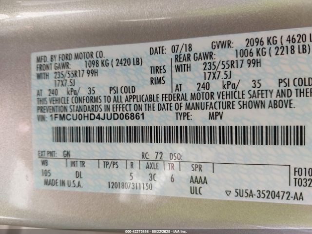 1FMCU0HD4JUD06861 Ford 1.5l gtdi sigma w/premium fuel