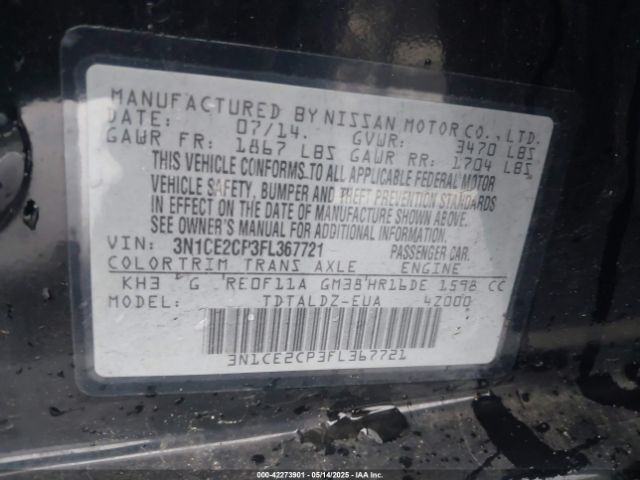 3N1CE2CP3FL367721 Nissan Versa Note Sv