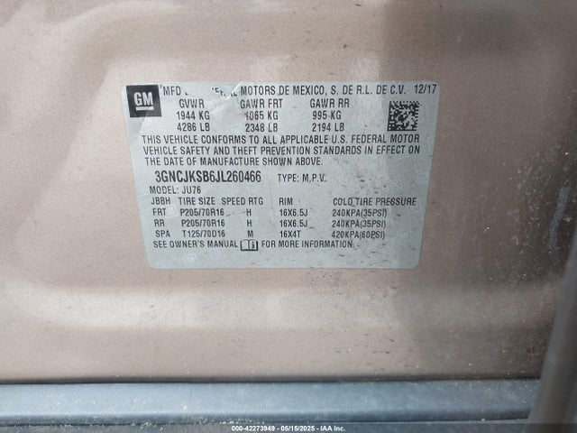 3GNCJKSB6JL260466 Chevrolet luv - mfi, variable valve timing, e85 max, alum