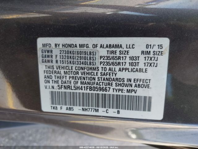5FNRL5H41FB059667 Honda ODYSSEY EX