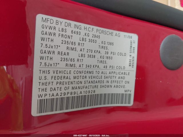 2009 PORSCHE CAYENNE WP1AA29P89LA10928 Photo 8