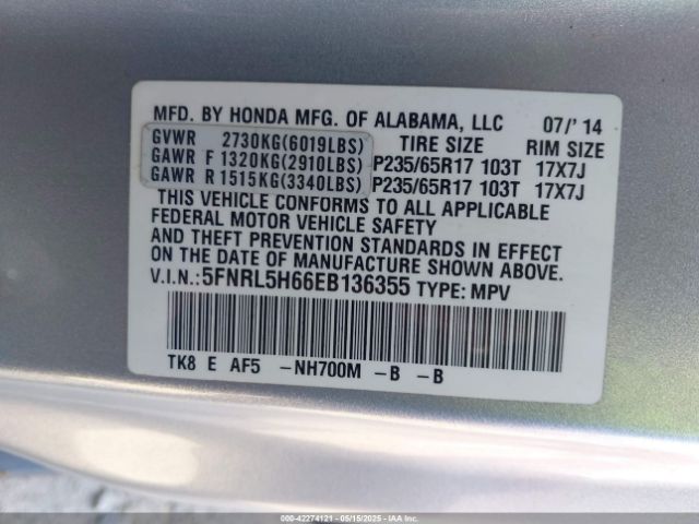 5FNRL5H66EB136355 Honda Odyssey Ex-l