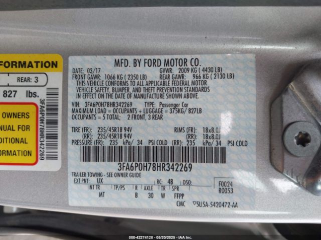 3FA6P0H78HR342269 Ford FUSION SE