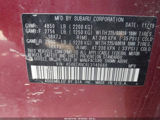 2020 SUBARU OUTBACK 4S4BTANC6L3140660 Photo 8