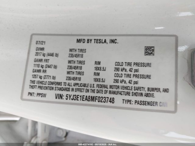 5YJ3E1EA8MF023748 Tesla 2021