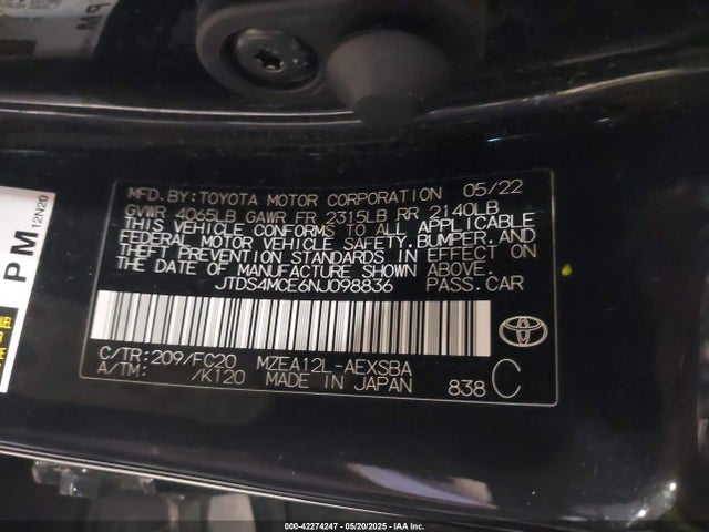 JTDS4MCE6NJ098836 Toyota COROLLA SE