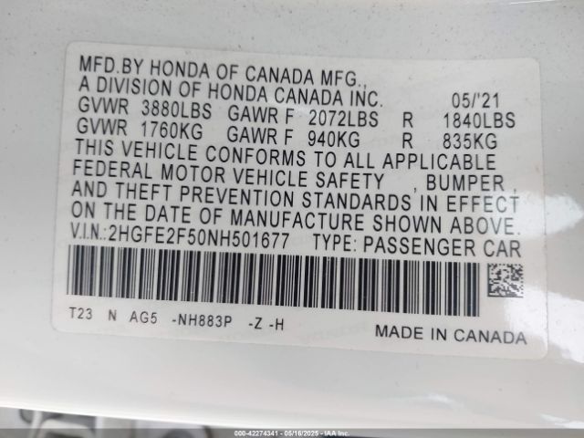 2HGFE2F50NH501677 Honda Civic Sport