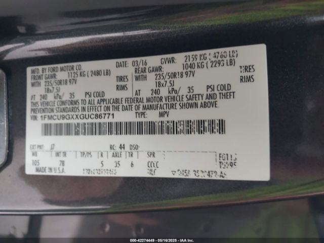 1FMCU9GXXGUC86771 Ford ESCAPE SE