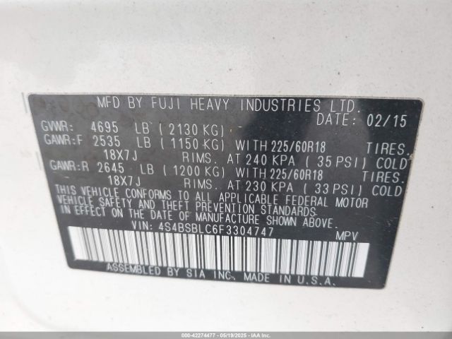 2015 SUBARU OUTBACK 4S4BSBLC6F3304747 Photo 8