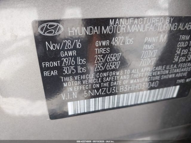 5NMZU3LB3HH031040 Hyundai Santa Fe Sport 2.4l