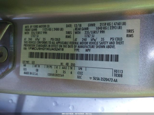1FMCU9HD1KUA52418 Ford ESCAPE SEL