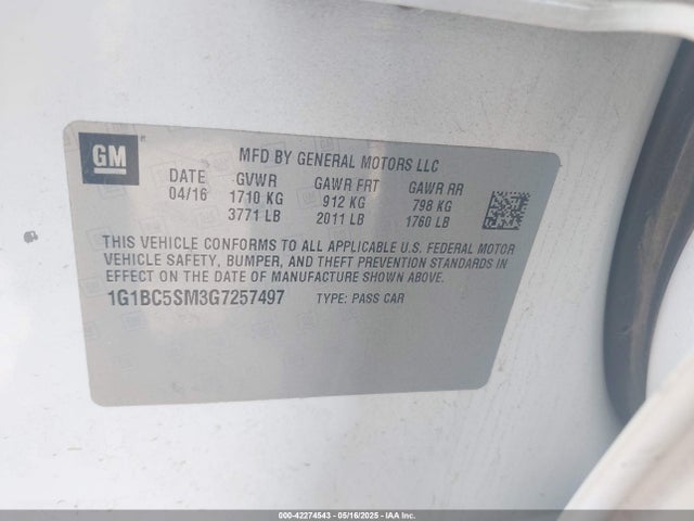 1G1BC5SM3G7257497 Chevrolet le2 - di: direct injection, alum, vvt, gen i, gmna