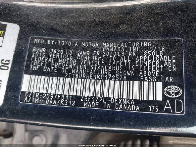 2019 TOYOTA COROLLA 2T1BURHE1KC172578 Photo 8