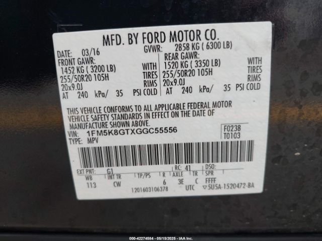 1FM5K8GTXGGC55556 Ford EXPLORER SPORT