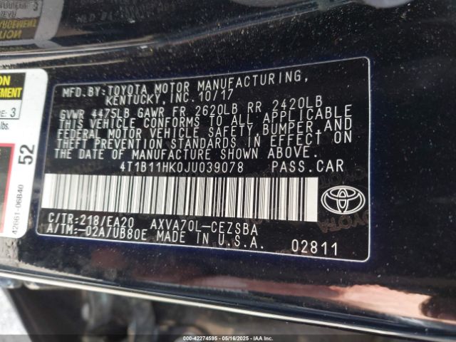 4T1B11HK0JU039078 Toyota CAMRY SE