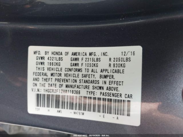 1HGCR2F12HA119366 Honda Accord Sport Se
