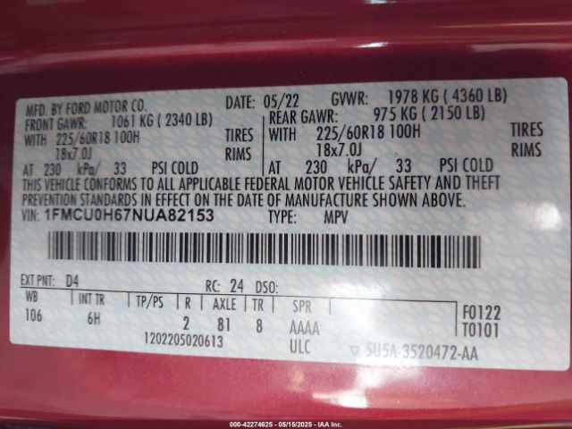 2022 FORD ESCAPE 1FMCU0H67NUA82153 Photo 8